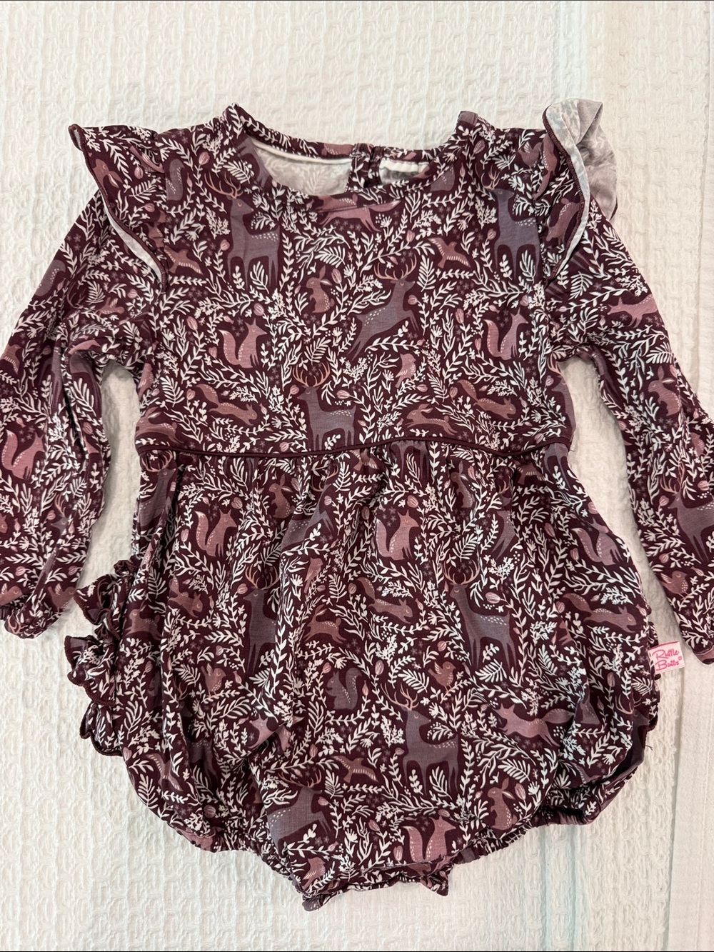 Ruffle Butts Mauve and Pink Woodland Print Baby Romper